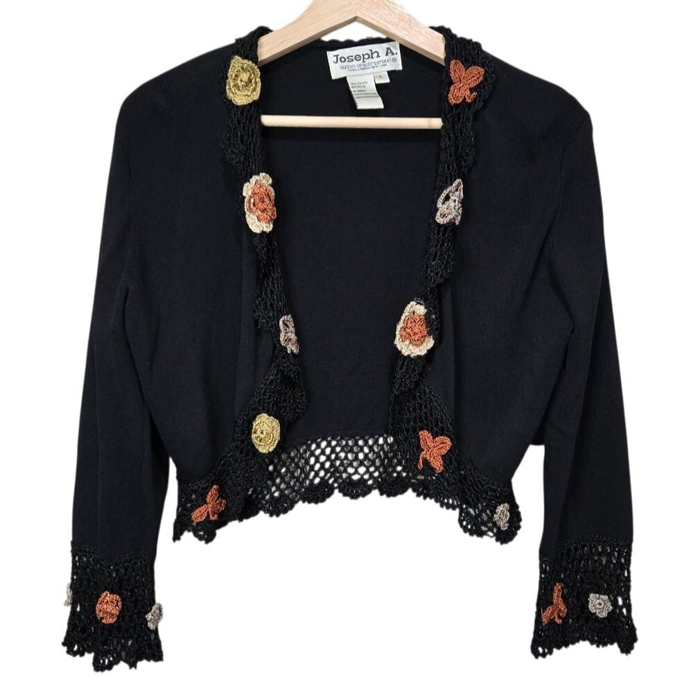Joseph A Black Cardigan with Crochet Floral Trim
